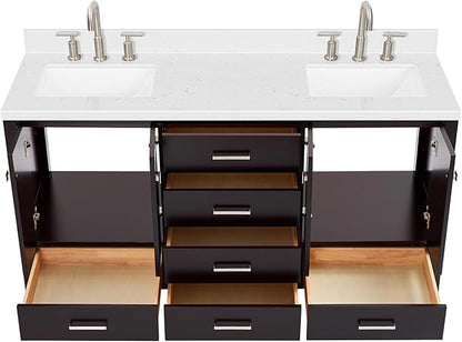 DKB Beckford 66" Espresso Double Bathroom Vanity, 1.5" Carrara White Quartz Countertop, Dual Rectangular Undermount Sinks, 4 Soft Closing Shaker Doors, 6 Full Extension Dovetail Drawers