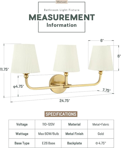 3-Light Gold Bathroom Vanity Light, Beige Pleated Fabric Shade | 25" 3-light gold double wall sconce with beige pleated fabric shades, E26 bulbs, hardwired, upward only, VL837-BG-Z-B-3
