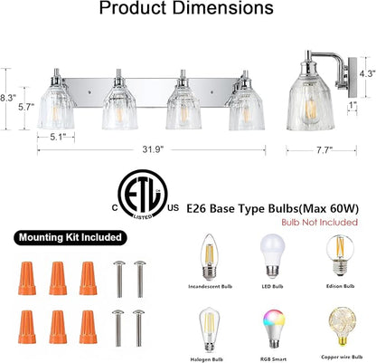 4 Light Bathroom Light Fixtures Modern Chrome Vanity Lights for Bathroom Lighting Fixtures Over Mirror with Thickened Glass Shade for Cabinet Mirror Bedroom Hallway