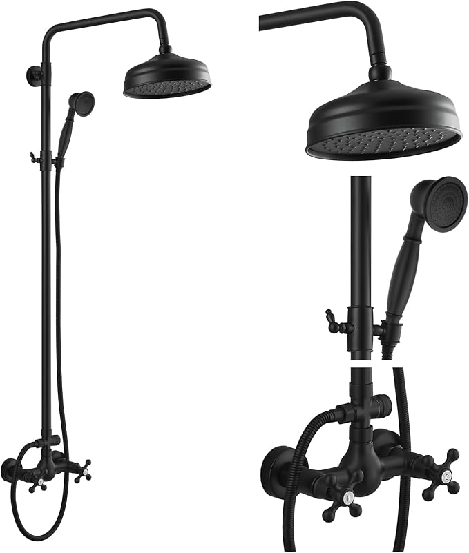 gotonovo Exposed Shower System Wall Mount,Matte Black,Metal Handheld | 8” Rain Shower Head Faucet Set Fixtures,2 Function,Two Cross Handle,Height Adjustable,for 5-6.7" Hole,Indoor Victorian Retro