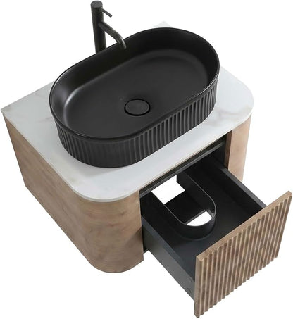24" Preassembled Floating Bathroom Vanity with Black Sink, Oak | Mid-Century Modern Style, Fluted & Soft-Close Drawer with U-shaped Wall, Sinterted Stone Countertop, Towel Rack Included