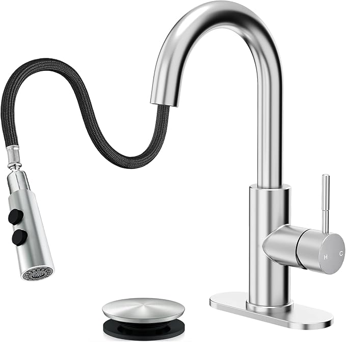 Fransiton Bathroom Faucets, Bar Sink Faucet Single Hole for Bathroom Kitchen Campers with Deck Plate Outdoor Faucet Vessel Farmhouse Vanity Lavatory (Brushed Nickel - Pull Sprayer - A)