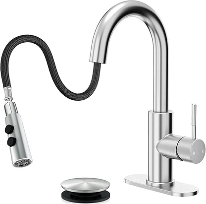 Fransiton Bathroom Faucets, Bar Sink Faucet Single Hole for Bathroom Kitchen Campers with Deck Plate Outdoor Faucet Vessel Farmhouse Vanity Lavatory (Brushed Nickel - Pull Sprayer - A)