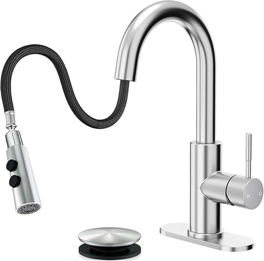 Fransiton Bathroom Faucets, Bar Sink Faucet Single Hole for Bathroom Kitchen Campers with Deck Plate Outdoor Faucet Vessel Farmhouse Vanity Lavatory (Brushed Nickel - Pull Sprayer - A)