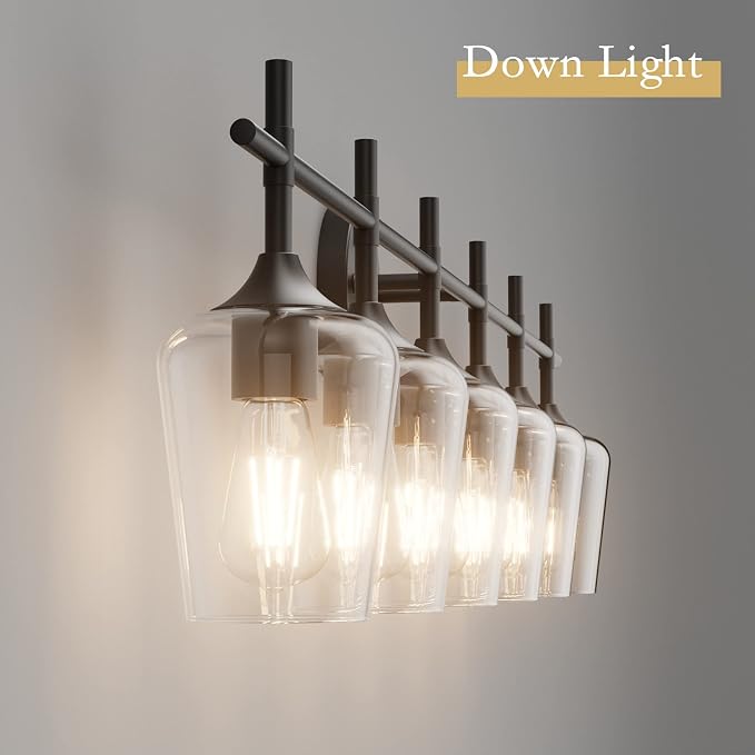 Ralbay Matte Black Bathroom Light fixtures 6-Lights Industrial Matte Black Finish with Clear Glass Vanity Lights Vintage Farmhouse Vanity Lighting for Bathroom