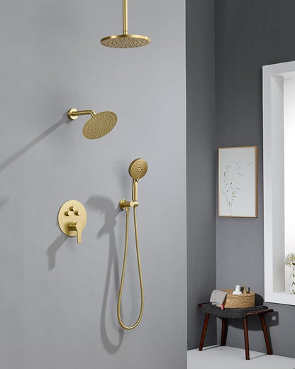 Iriber Brushed Gold Shower head with Handheld,8"+10" Rain Shower Faucet Set | 10 Inch Ceiling +8 Inch Wall Mount Dual Shower Heads,Push Button Diverter Shower System,Pressure Balance Valve