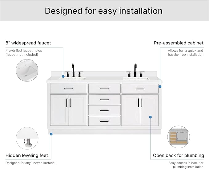 ARIEL Hepburn 72-inch Bathroom Vanity with Sink,Solid Wood, 1.5-inch Pure White Quartz Countertop & Backsplash, Double Rectangular Porcelain Sink, 4 Soft Closing Doors, 6 Dovetail Drawers, White