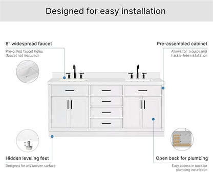 ARIEL Hepburn 72-inch Bathroom Vanity with Sink,Solid Wood, 1.5-inch Pure White Quartz Countertop & Backsplash, Double Rectangular Porcelain Sink, 4 Soft Closing Doors, 6 Dovetail Drawers, White