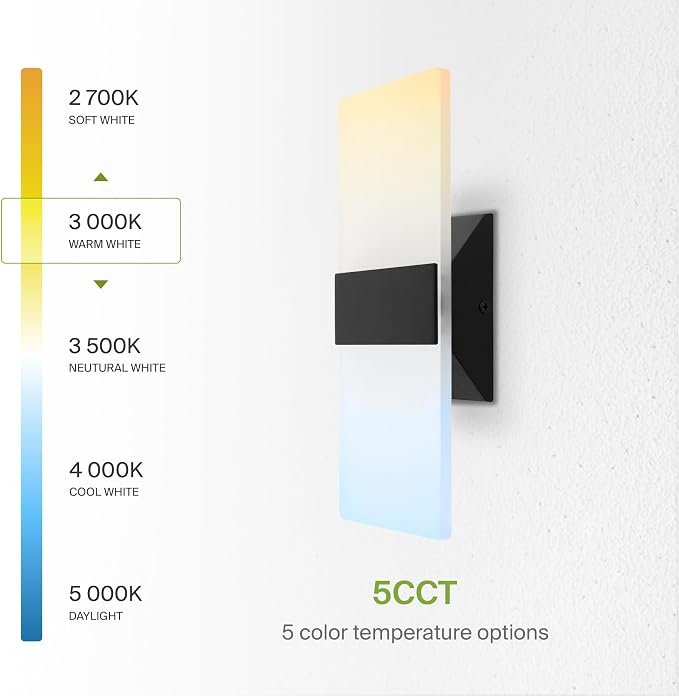 ASD 12 Inch Indoor LED Wall Sconce - 12W 2700K-5000K Dimmable Black Wall Sconce Lights for Living Room, Bedroom, Bathroom, Hallway - Modern Wall Sconces Hardwired, UL Interior Light, Set of 2