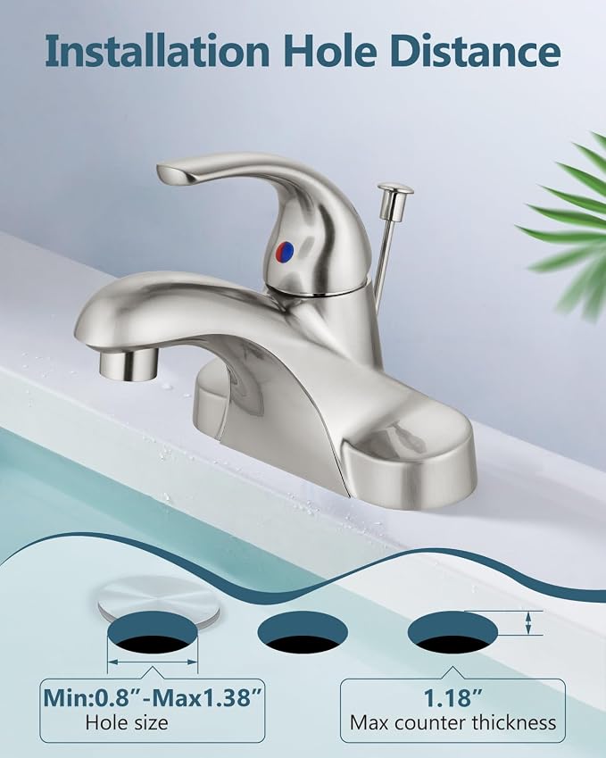 4-Inch Centerset Bathroom Sink Faucet with Drain, Brushed Nickel | Single-Handle Vanity Faucet with Lift Rod Drain, 24-Inch Supply Lines, 1.2 GPM, 3-Hole Deck Mount, Easy Installation