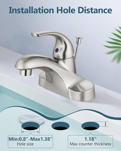 4-Inch Centerset Bathroom Sink Faucet with Drain, Brushed Nickel | Single-Handle Vanity Faucet with Lift Rod Drain, 24-Inch Supply Lines, 1.2 GPM, 3-Hole Deck Mount, Easy Installation