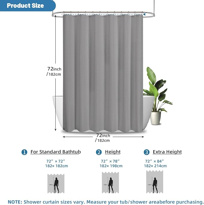 Waterproof Waffle Shower Curtain, No Liner Needed, 72x72 Inch Grey | Hotel-style waffle-weave fabric, built-in waterproof TPU backing, no separate liner needed, machine washable for bathroom use
