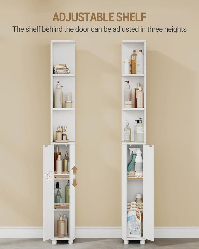 Corner Cabinet, Tall Bathroom Corner Cabinet with Doors, Narrow Storage Cabinets with Adjustable Shelves, Bathroom Organizers and Storage for Small Space, White BC30003X