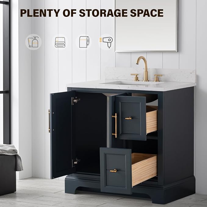 Vanity Art 36 Inch Bathroom Vanity with Single Sink, Vintage Spruce Blue | Solid Wood, Ceramic Sink, Marble Top, Waterproof Backsplash, Pre-assembled, Soft-close Doors, Ample Storage, Freestanding