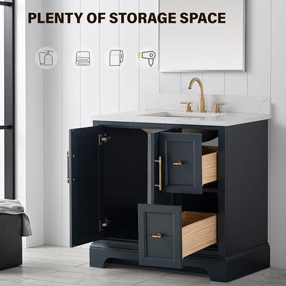 Vanity Art 36 Inch Bathroom Vanity with Single Sink, Vintage Spruce Blue | Solid Wood, Ceramic Sink, Marble Top, Waterproof Backsplash, Pre-assembled, Soft-close Doors, Ample Storage, Freestanding