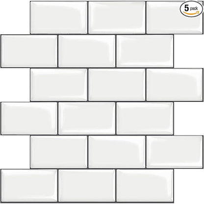 STICKGOO Subway Tile Peel and Stick Backsplash, Thicker Design 12" x 12" Stick on Backsplash Tiles for Kitchen, Bathroom, Wall Tile (5 Sheets, Warm White with Grey Grout)