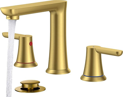 FORIOUS Gold Bathroom Faucet 3 Hole, Two Handle Gold Faucet for Bathroom Sink 3 Hole with Metal Pop-up Drain, cUPC Supply Lines and 1.2GPM Spare Aerator, for Vanity Sink Taps and Commercial Sinks