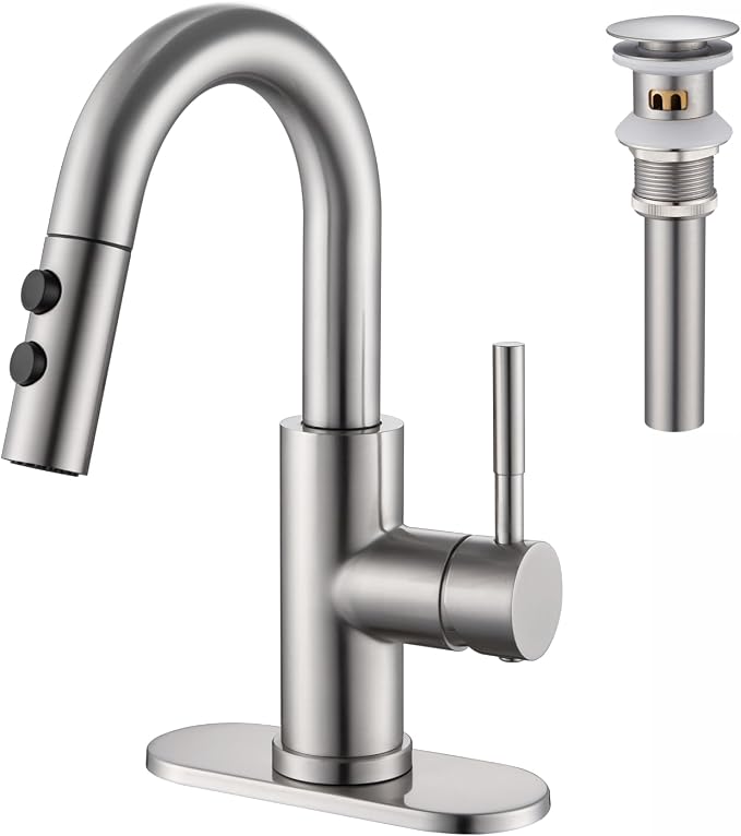 Bathroom Faucet with Sprayer, Brushed Nickel Single Hole with Pop-Up Drain | Kablle Single Handle Pull Out 1 or 3 Hole Laundry Bar Basin Faucet with Deck Plate, KBL-7002BN-CL