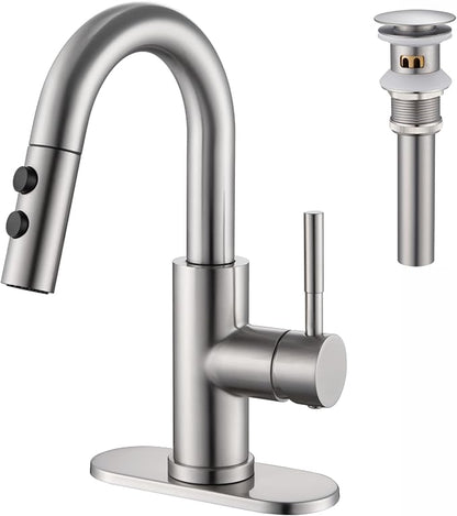 Bathroom Faucet with Sprayer, Brushed Nickel Single Hole with Pop-Up Drain | Kablle Single Handle Pull Out 1 or 3 Hole Laundry Bar Basin Faucet with Deck Plate, KBL-7002BN-CL