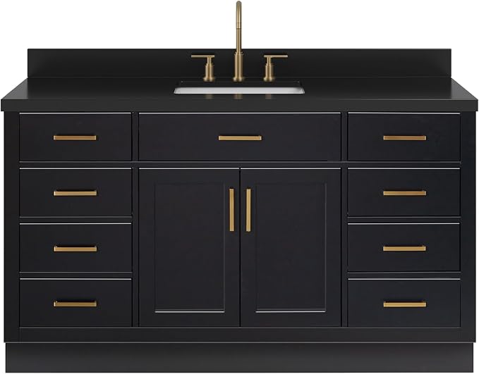 ARIEL Hepburn 60-inch Bathroom Vanity with Sink,Solid Wood, 1.5-inch Carbon Black Quartz Countertop, Single Rectangular Porcelain Sink, Soft Closing Doors, Dovetail Drawers, Black