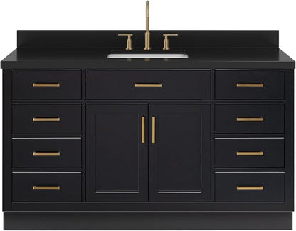 ARIEL Hepburn 60-inch Bathroom Vanity with Sink,Solid Wood, 1.5-inch Carbon Black Quartz Countertop, Single Rectangular Porcelain Sink, Soft Closing Doors, Dovetail Drawers, Black