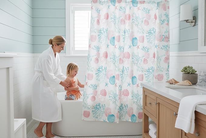 Serafina Home Coastal Fabric Shower Curtain for Bathroom: Coral Blue White Ocean Life Beach Shells Coral Sea Urchins Starfish Scallop Shells, 70" x 72" Inches, with 12 Rollerball Hooks