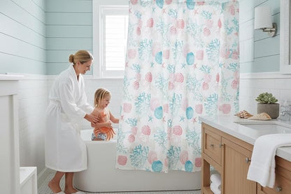 Serafina Home Coastal Fabric Shower Curtain for Bathroom: Coral Blue White Ocean Life Beach Shells Coral Sea Urchins Starfish Scallop Shells, 70" x 72" Inches, with 12 Rollerball Hooks