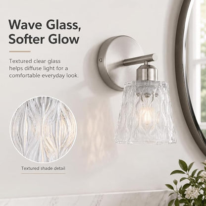 Brushed Nickel Bathroom Light Fixture, 1-Light Modern Vanity Wall Sconce with Textured Glass Shade, Stainless Steel Construction, E26 Socket (Bulb Not Included)