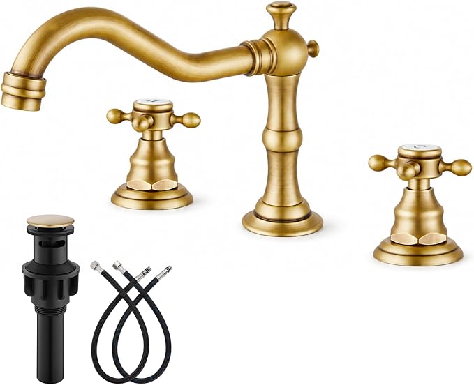 gotonovo Bathroom Faucet 3 Hole Vintage, Antique Brass, H C Label | Widespread Bathroom Sink Faucet 8 Inch 2 Cross Handles,Pop Up Drain,cUPC Supply Line,4-15.7” Install,for Vanity Farmhouse RV