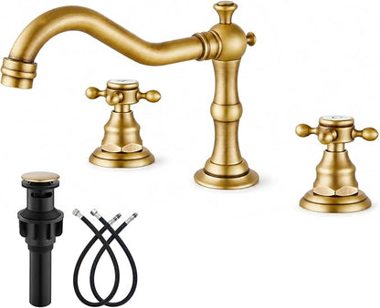 gotonovo Bathroom Faucet 3 Hole Vintage, Antique Brass, H C Label | Widespread Bathroom Sink Faucet 8 Inch 2 Cross Handles,Pop Up Drain,cUPC Supply Line,4-15.7” Install,for Vanity Farmhouse RV