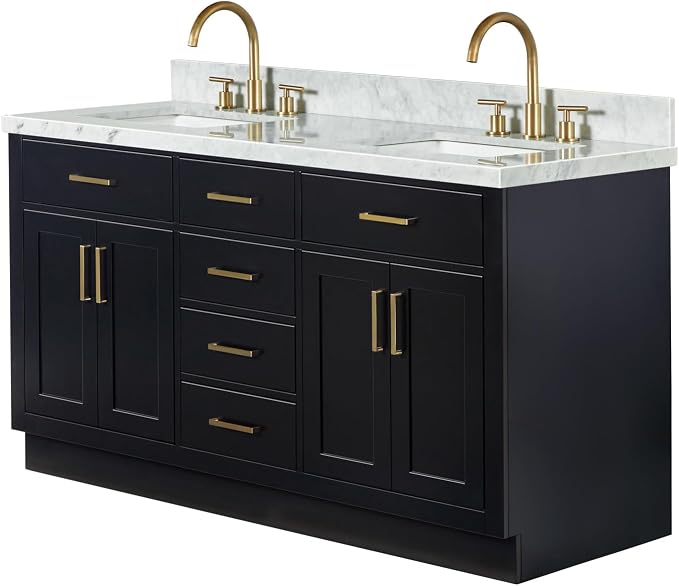 ARIEL Hepburn 60-inch Bathroom Vanity with Sink,Solid Wood, 1.5-inch Italian Carrara Marble Countertop, Double Rectangular Porcelain Sink, 4 Soft Closing Doors, 6 Dovetail Drawers, Black