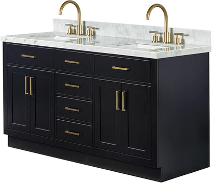 ARIEL Hepburn 60-inch Bathroom Vanity with Sink,Solid Wood, 1.5-inch Italian Carrara Marble Countertop, Double Rectangular Porcelain Sink, 4 Soft Closing Doors, 6 Dovetail Drawers, Black