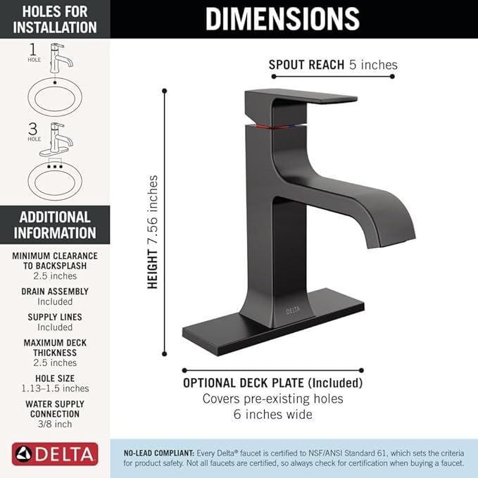 Delta Velum Matte Black Bathroom Faucet 1 Hole, Single Hole Bathroom Sink Faucet for Vanity, Metal Push-Pop Drain Assembly, Matte Black 539-BLMPU-DST