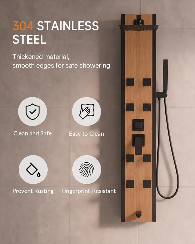 BWE Stainless Steel Shower Panel Tower System Black and Bamboo 8 Jets | Multi-Function Shower Panel System with Handheld Wand Wall Mount Shower Column Rainfall Shower Head Sprayer