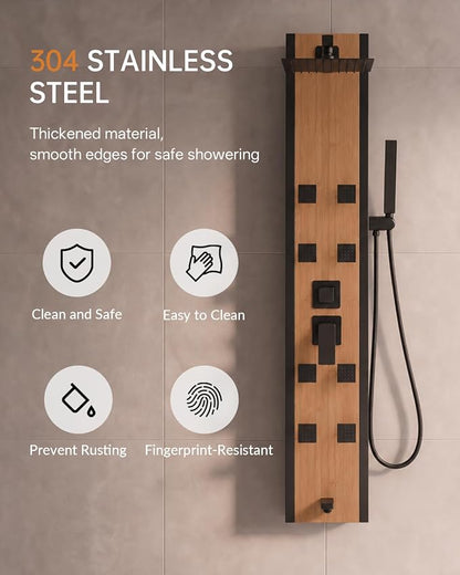 BWE Stainless Steel Shower Panel Tower System Black and Bamboo 8 Jets | Multi-Function Shower Panel System with Handheld Wand Wall Mount Shower Column Rainfall Shower Head Sprayer