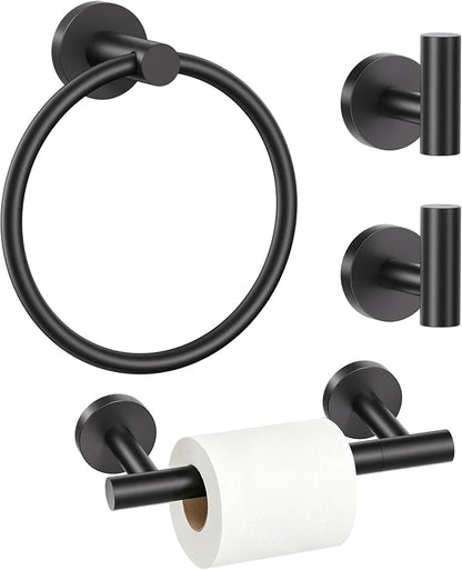TURS Black 4-Pieces Towel Ring Set Include Towel Ring Double Base Toilet Paper Holder Towel Hook SUS304 Stainless Steel Bathroom Accessories Kit Wall Mounted