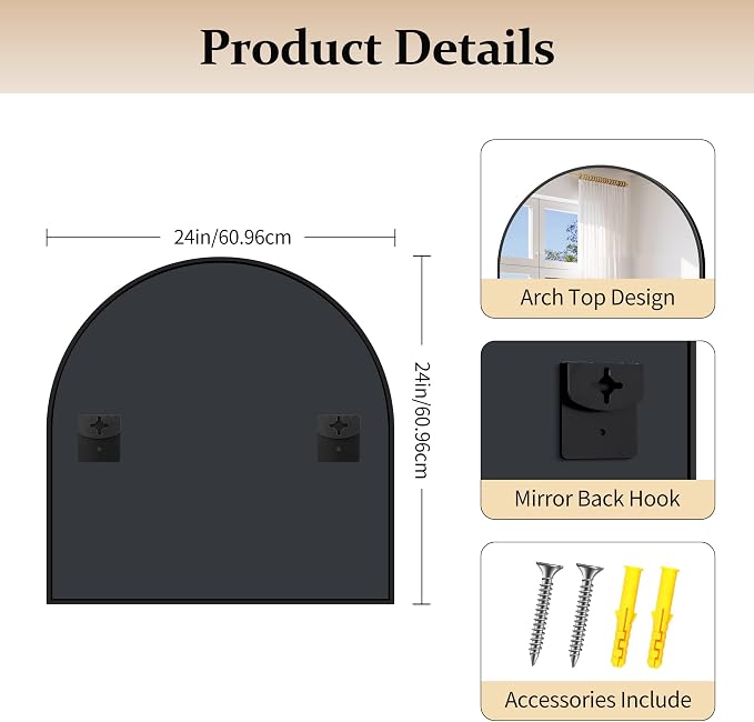 COFENY Arched Mirror, 24’’x24’’ Black Arch Mirrors for Bathroom Sink, Small Bathroom Vanity Mirror with Metal Frame, Modern Wall Mounted Mirror for Bedroom Living Room Mantle Entryway