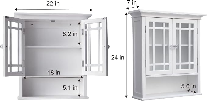 Teamson Home Neal Wooden Over The Toilet Bathroom Removable Wall Medicine Cabinet with 1 Fixed and 1 Adjustable Shelf 3 Storage Spaces 2 Glass Mosaic Doors and Crystal-Cut Acrylic Knobs, White | Detachable Over the Toilet Storage, Two Doors, Adjustable...