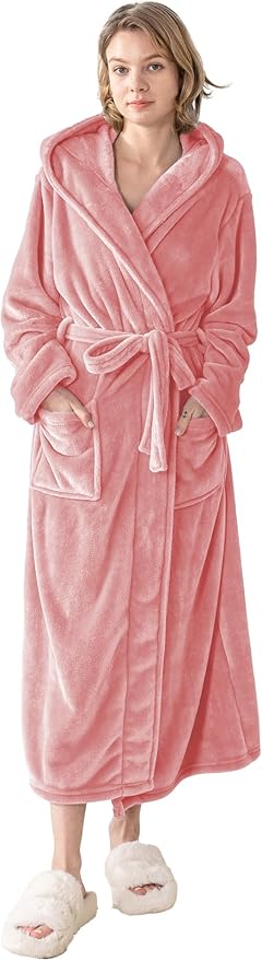 Robes for Women - Hooded Plush Fleece Bathrobe with Sash & Pockets, Full-Length Lightweight Spa Robe