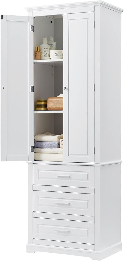 Merax 70" Pantry Cabinet with Two Doors & Three Drawer, Adjustable Shelves Storage Cupboard for Kitchen/Dining Room/Bathroom, White
