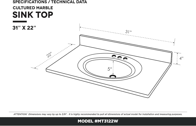 Cultured Marble Composite Bathroom Sink Top - Fits Standard 30” Vanity | Elegant and Durable Bathroom Sinks for Modern Homes - Upgrade Your Space - Perfect for Any Bathroom Design