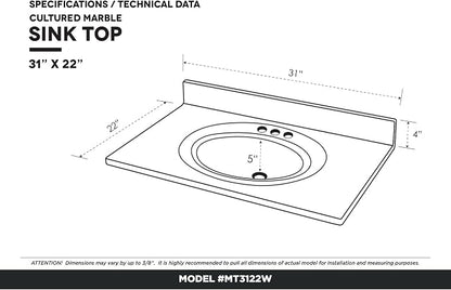 Cultured Marble Composite Bathroom Sink Top - Fits Standard 30” Vanity | Elegant and Durable Bathroom Sinks for Modern Homes - Upgrade Your Space - Perfect for Any Bathroom Design