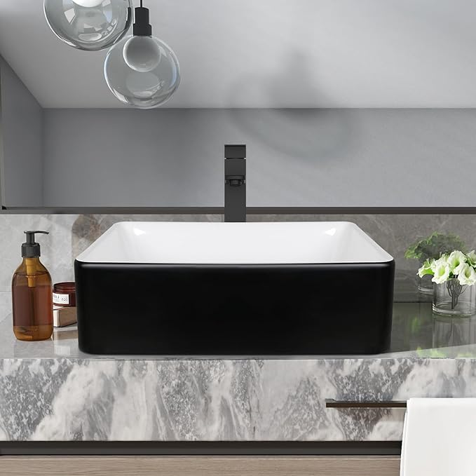Ceramic Bathroom Sink, Black and White 19" x 15" Above Counter Porcelain Vessel Sink with Black Faucet and Pop up drain Set, Rectangle