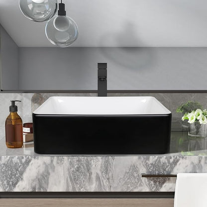 Ceramic Bathroom Sink, Black and White 19" x 15" Above Counter Porcelain Vessel Sink with Black Faucet and Pop up drain Set, Rectangle