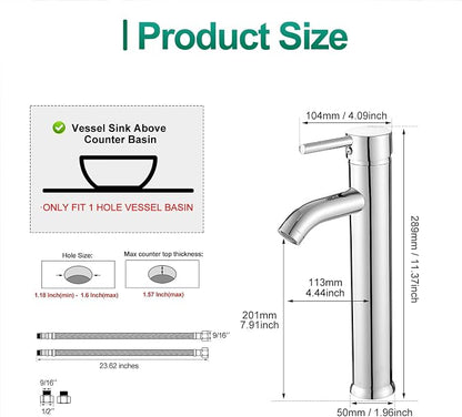 Bathroom Vessel Sink Faucet Modern Basin Mixer Tap Chrome Tall Body Single Handle One Hole Lavatory Faucet