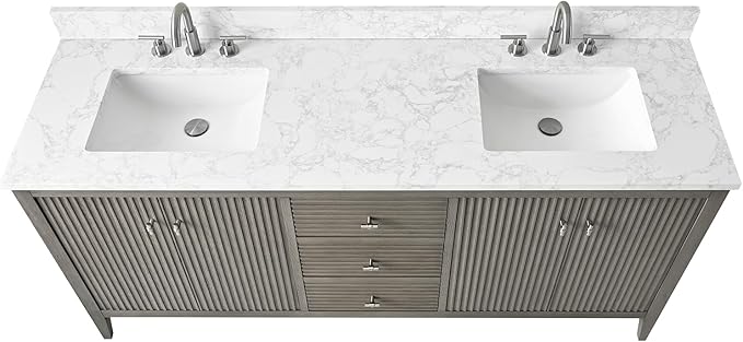 HOMEBEYOND 72" Bathroom Vanity with Double Sink, Solid Wood Bathroom Vanity Free-Standing Cabinet, Ceramic Top & Soft Closing Door, Golden Brushed Handware, Driftwood Gray