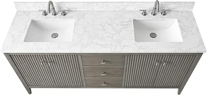 HOMEBEYOND 72" Bathroom Vanity with Double Sink, Solid Wood Bathroom Vanity Free-Standing Cabinet, Ceramic Top & Soft Closing Door, Golden Brushed Handware, Driftwood Gray