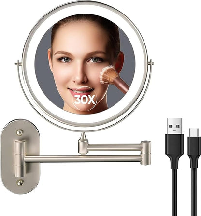 5000mAh Rechargeable Wall Mounted Lighted Makeup Vanity Mirror1X/30X Nickel | Double Sided Magnifying Bathroom Mirror, 3 Color Lighting, Touch Screen Dimming, Extended Arm 360 Rotation Shaving Mirror