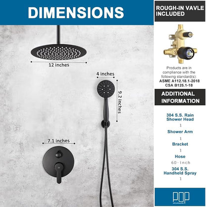 12 Inch Ceiling Mount Shower Faucet Set Matte Black Round Ceiling Shower Head and Handle Set Bathroom Rain Shower System Include Shower Valve and Trim Kit