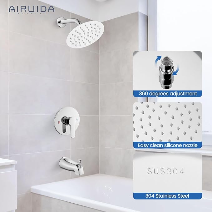 Airuida Shower Faucet Set with Tub Spout,6" Bathtub Faucet-Chrome Polish | Male Threads Rough-In Valve,Round Head Shower System,Tub and Shower Kit Set